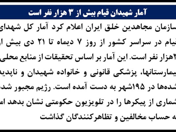 سازمان مجاهدین خلق ایران اعلام کرد آمار شهیدان بیش از ۳هزار نفر&nbsp;است